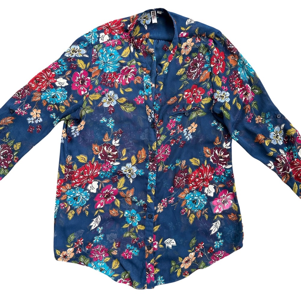 KUT from the Kloth Floral Button Down Blouse Women Large Navy Blue Excellent - Picture 3 of 7